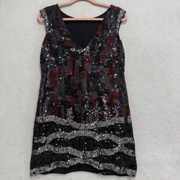 BCBGMAXAZRIA Dress Womens XXS Black Sequin Silk V Neck Cocktail Mini - Picture 4 of 9